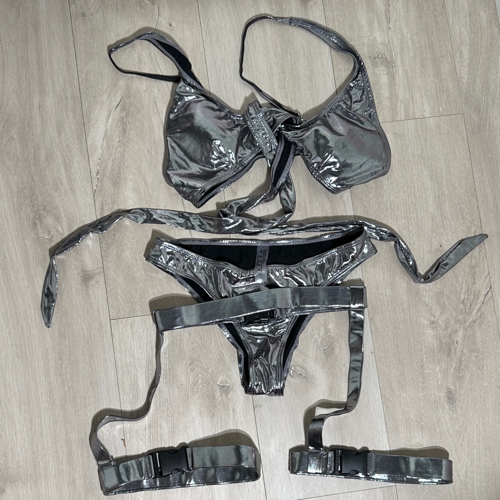 Metallic Silver Strappy Bikini Set/ Ravewear Rave clothing